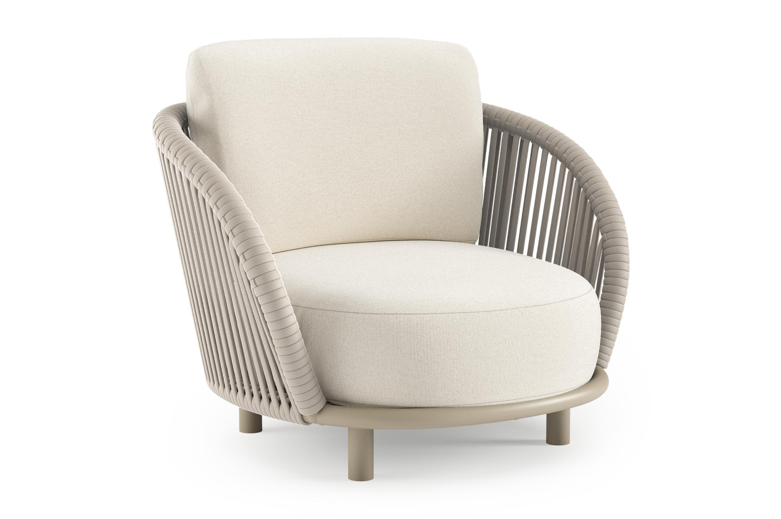 Fauteuil de jardin Lupino en aluminium beige et corde large plate de luxe tissée verticalement beige et coussins en all weather sunbrella® luxe natte white