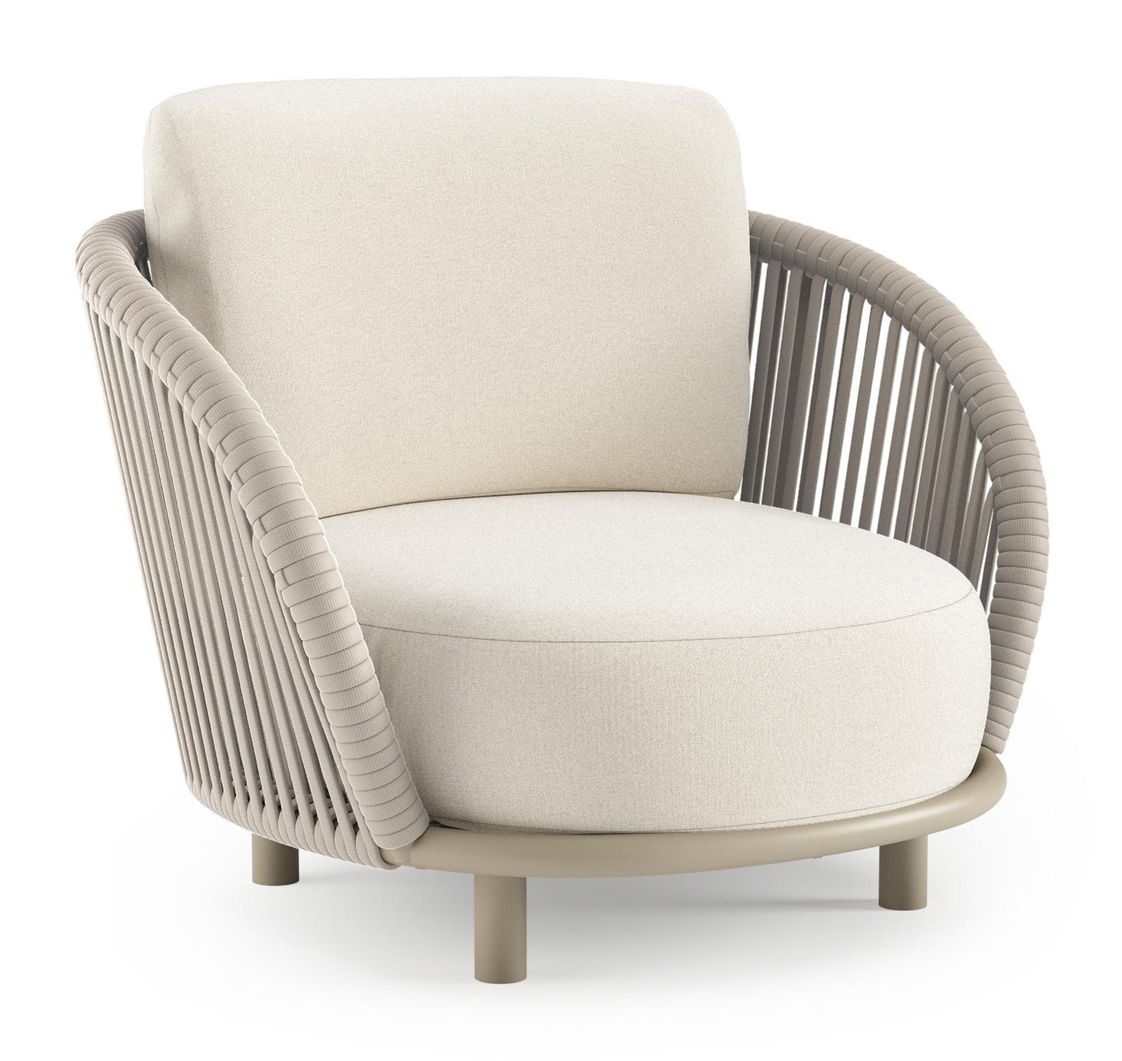 Fauteuil de jardin Lupino en aluminium beige et corde large plate de luxe tissée verticalement beige et coussins en all weather sunbrella® luxe natte white