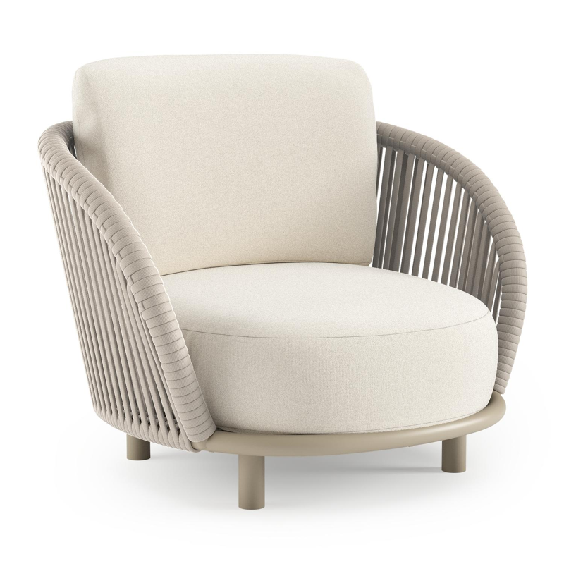 Fauteuil de jardin Lupino en aluminium beige et corde large plate de luxe tissée verticalement beige et coussins en all weather sunbrella® luxe natte white