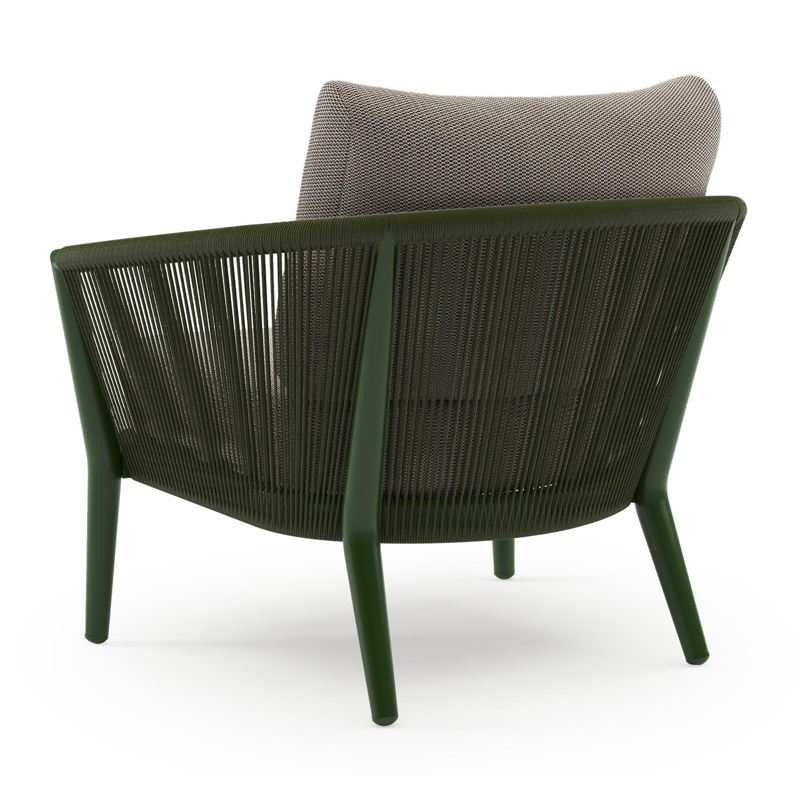 Orso loungestoel in groen aluminium en groen verticaal geweven ronde rope met Lopi Pepper all weather sunbrella® luxe kussen