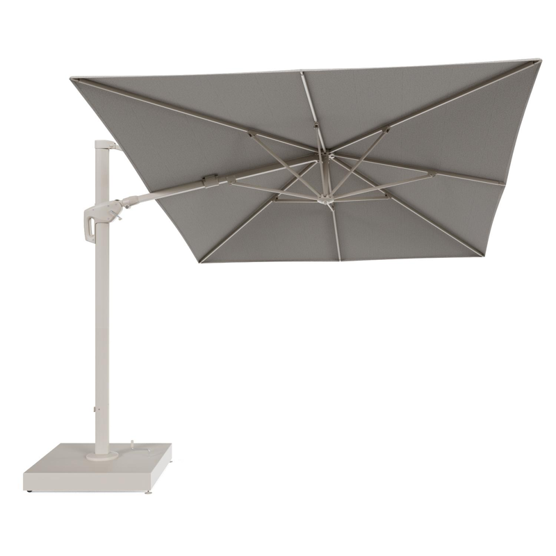 Minore zweefparasol met tiltfunctie in beige aluminium en Firenze Sand All Weather Solica parasoldoek - L1 400 x L2 300 cm met parasolvoet Minore 260 kg met wielen