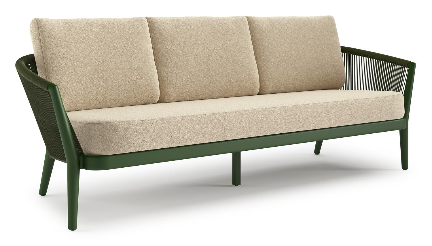 Orso loungebank in groen aluminium en groen verticaal geweven ronde rope met Soul Papyrus all weather solica kussen
