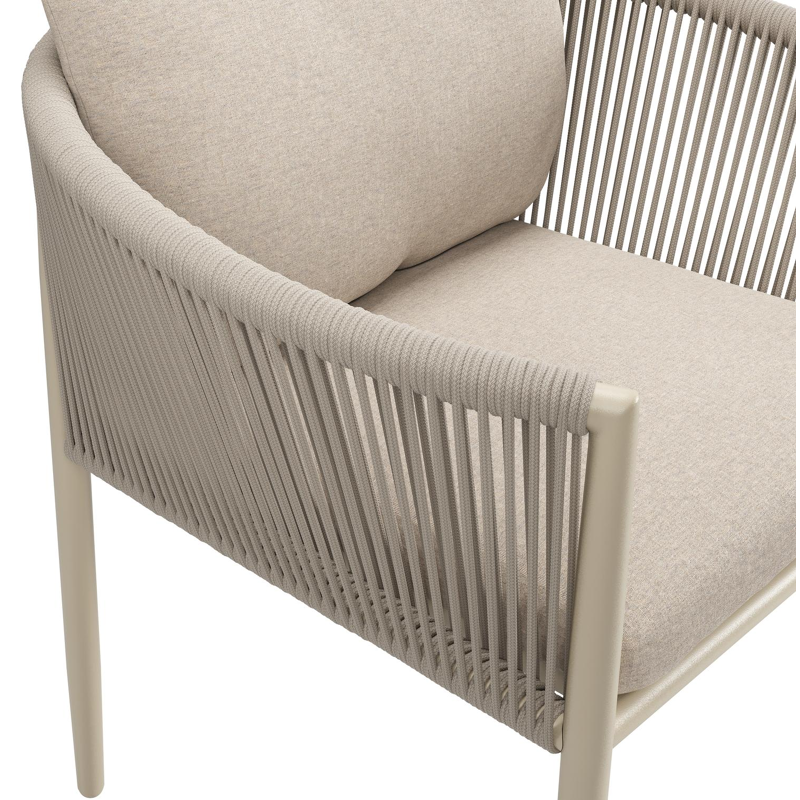 Organo tuinstoel in zwart aluminium en beige verticaal geweven ronde rope met stoelkussen in All Weather Sunbrella® Luxe Heritage Ash