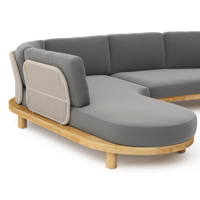 Donato loungehoek in teak en beige verticaal geweven ronde rope met all weather sunbrella® luxe Natte Charcoal Chine kussen