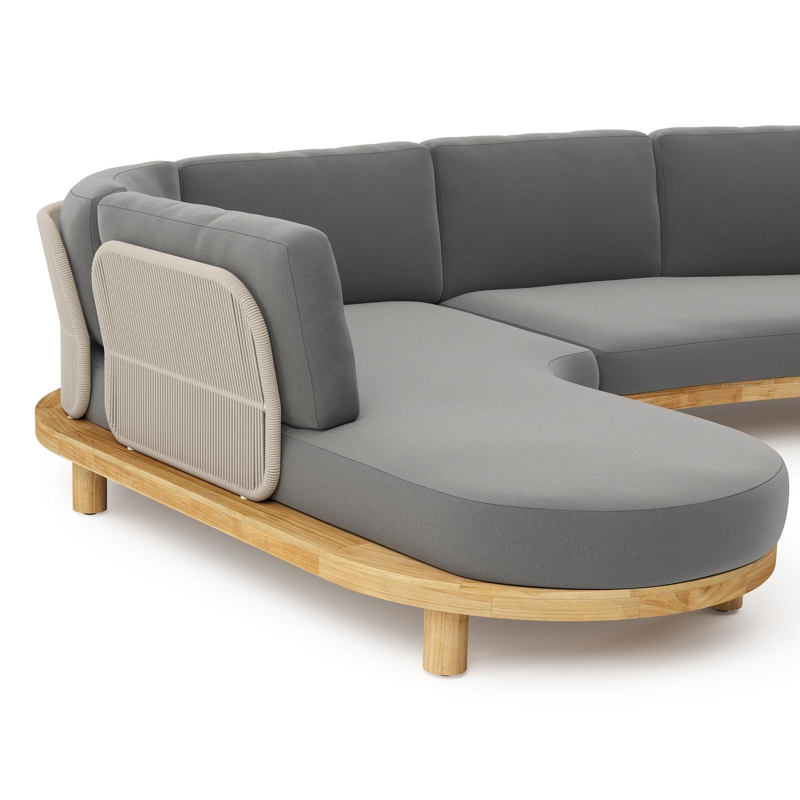 Donato loungehoek in teak en beige verticaal geweven ronde rope met all weather sunbrella® luxe Natte Charcoal Chine kussen