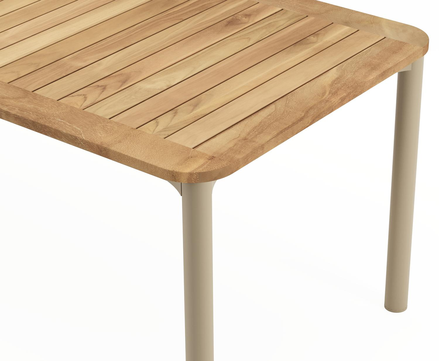 Table de jardin Mira rectangulaire arrondie en aluminium beige et teck finition naturelle - L 220 x L 92 x H 74 cm