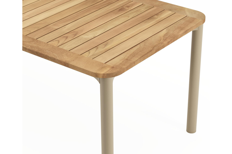 Mira tuintafel rechthoekig afgerond in beige aluminium en teak natural finish - L 220 x B 92 x H 74 cm