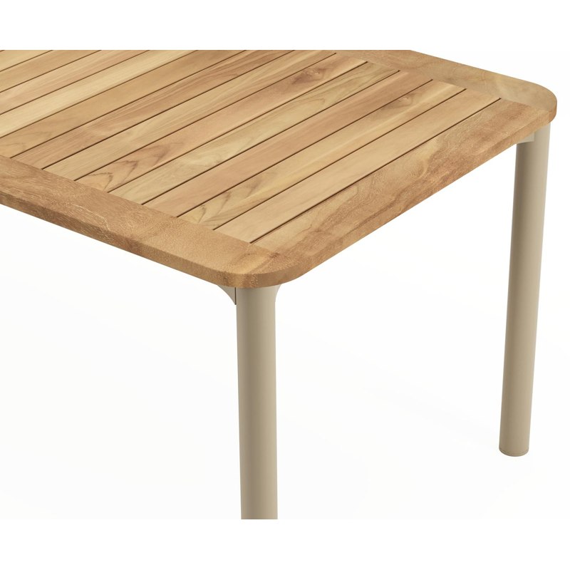 Mira tuintafel rechthoekig afgerond in beige aluminium en teak natural finish - L 220 x B 92 x H 74 cm