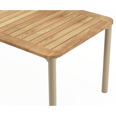 Mira tuintafel rechthoekig afgerond in beige aluminium en teak natural finish - L 220 x B 92 x H 74 cm