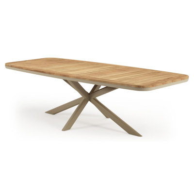 Table de jardin Pamplona forme de bateau en aluminium beige et teck - Lg. 267.4 x Lrg. 115 x Haut. 73 cm