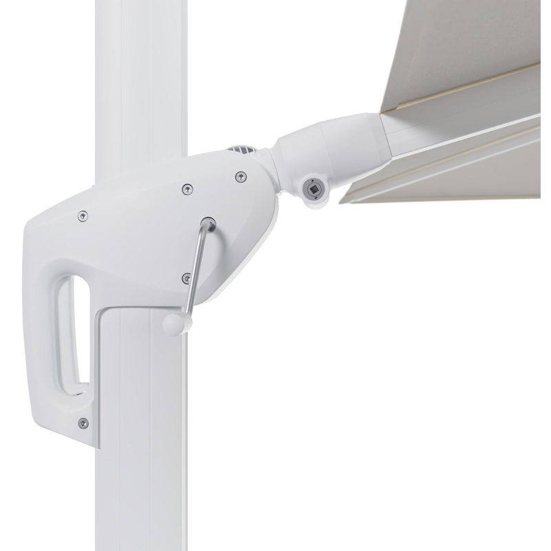 Parasol pendant Minore avec fonction tilt en aluminium blanc et toile de parasol en All Weather Sunbrella® Luxe Natte White - Lg.1: 280 x Lg.2: 370 cm (sans pied de parasol