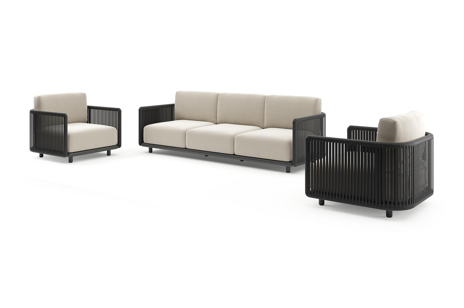 Salon de jardin Organo en aluminium noir et corde luxe plate tissée verticalement noir et coussin en all weather Sunbrella® luxe lopi marble