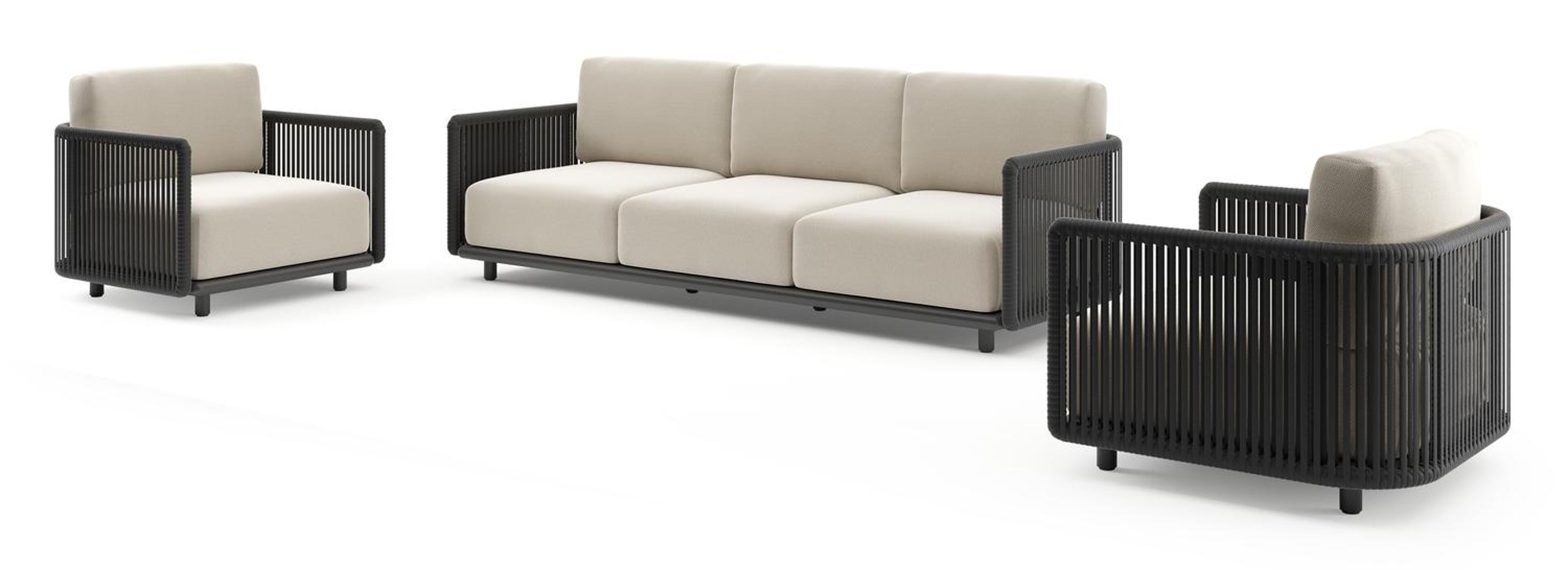 Organo loungeset in zwart aluminium en zwart verticaal geweven luxe vlakke rope met lopi marble all weather Sunbrella® luxe kussen