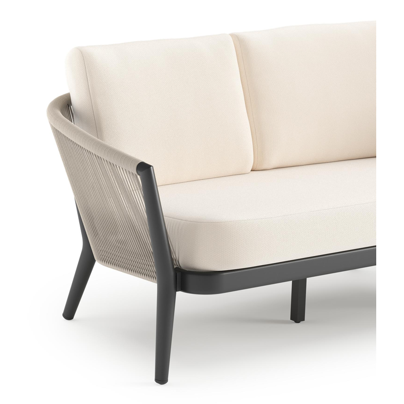 Orso loungebank in zwart aluminium en beige verticaal geweven ronde rope met Lopi Snow all weather sunbrella® luxe kussen