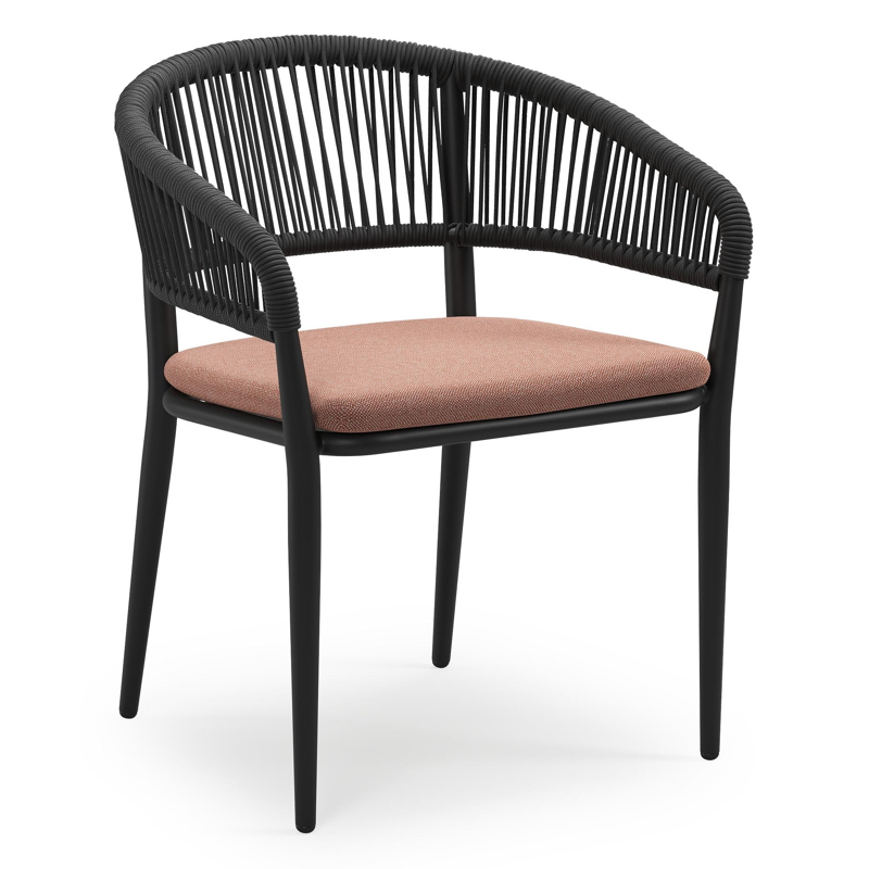 Tolfa stapelbare tuinstoel in zwart aluminium en zwart verticaal geweven ronde rope met stoelkussen in All Weather Sunbrella® Luxe Savane Rust