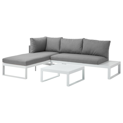 Caldela loungehoek in wit aluminium met grijs polyester kussens en loungetafel