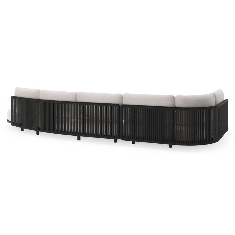 Lomano loungehoek in zwart aluminium en zwart verticaal geweven luxe vlakke rope met ego eggshell all weather solica kussen