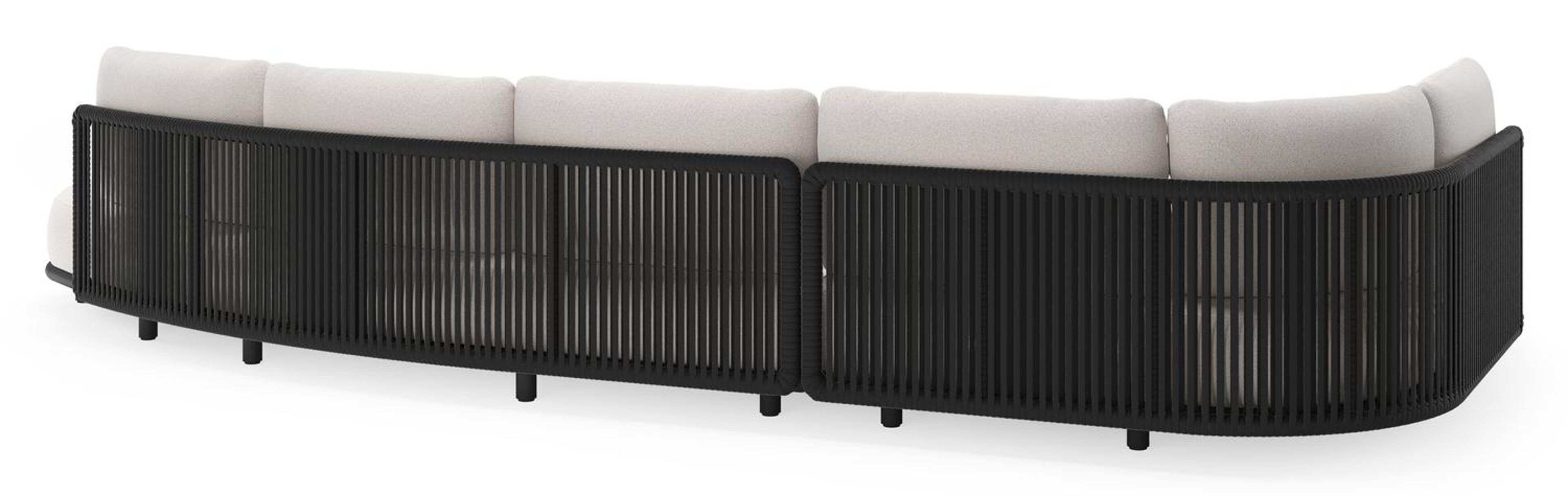 Lomano loungehoek in zwart aluminium en zwart verticaal geweven luxe vlakke rope met ego eggshell all weather solica kussen