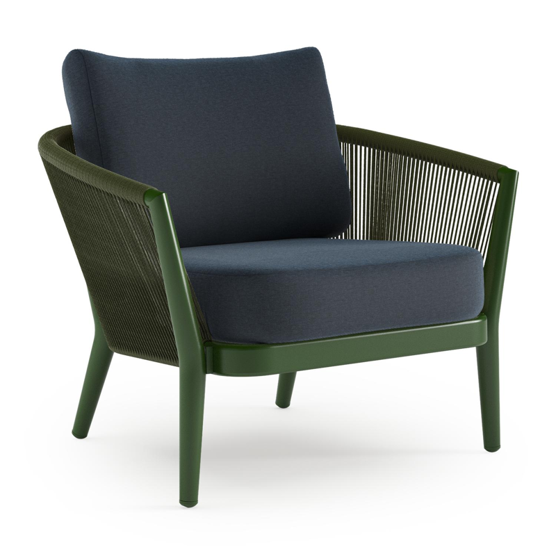 Orso loungestoel in groen aluminium en groen verticaal geweven ronde rope met Heritage Indigo all weather sunbrella® luxe kussen