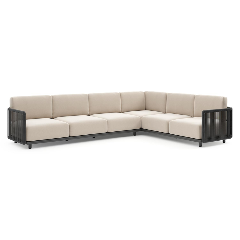 Salon de jardin d'angle Organo en aluminium noir et corde luxe plate tissée verticalement noir et coussin en all weather Sunbrella® luxe lopi antique