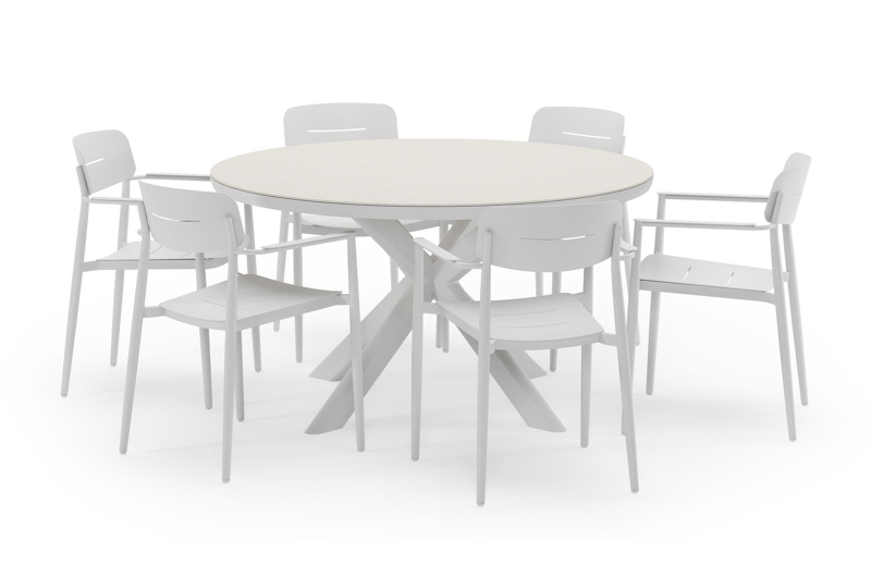 Pamplona ronde tuinset in wit aluminium en sintered stone crema minerale met 6 Cosa tuinstoelen