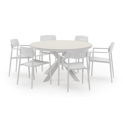 Pamplona ronde tuinset in wit aluminium en sintered stone crema minerale met 6 Cosa tuinstoelen