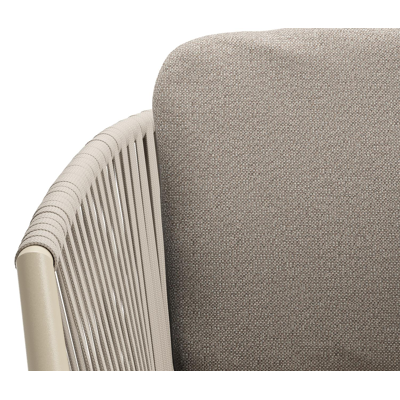 Chaise de jardin Orso en aluminium beige et corde plate tissée verticalement beige avec coussin luxe en All Weather Sunbrella® Luxe Savane Coconut