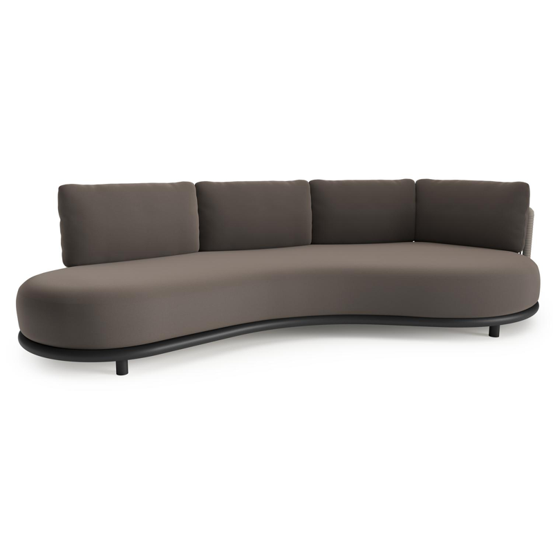 Lomano loungebank in zwart aluminium en beige verticaal geweven luxe vlakke rope met natte nature grey all weather sunbrella® luxe kussen