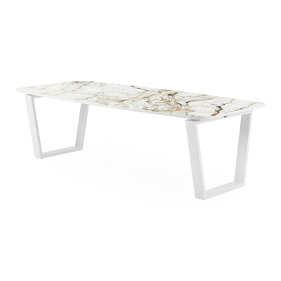 Table de jardin Pagino en aluminium blanc et céramique pleine calacatta luxe - Lg 255 x Larg. 115 x H 74 cm