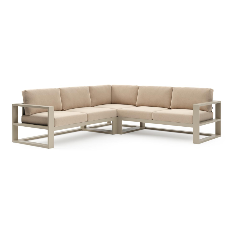 Salon de jardin d'angle Verato en aluminium beige et coussins en all weather sunbrella® luxe natte heather beige