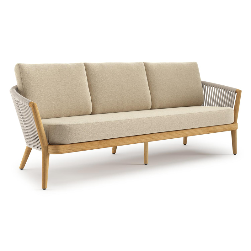 Orso loungebank in teak en beige verticaal geweven luxe vlakke rope met Soul Papyrus all weather solica kussen