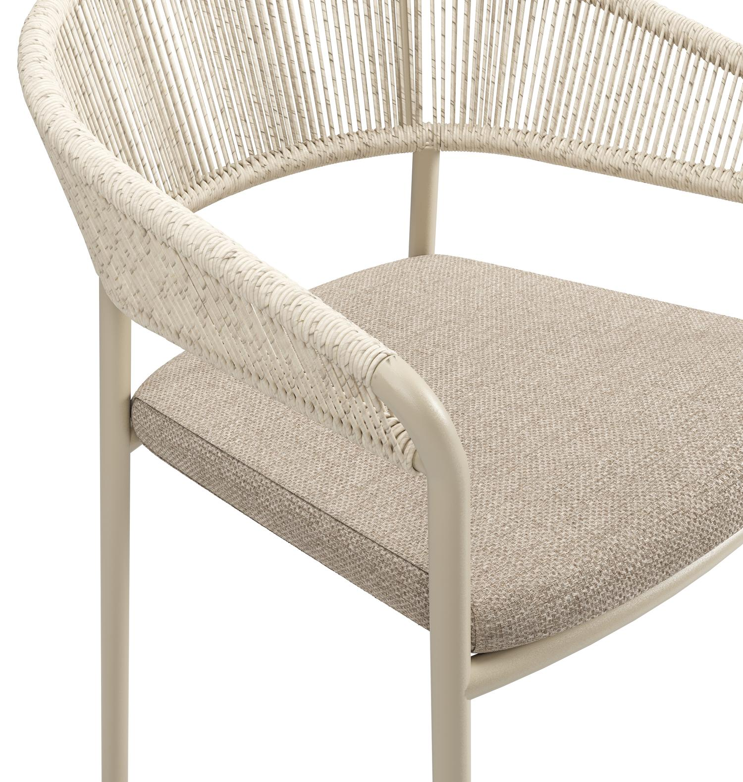 Chaise de jardin empilable Zamora en aluminium beige et corde ronde tissée verticalement beige avec coussin en Weather+ Softtouch Rustic