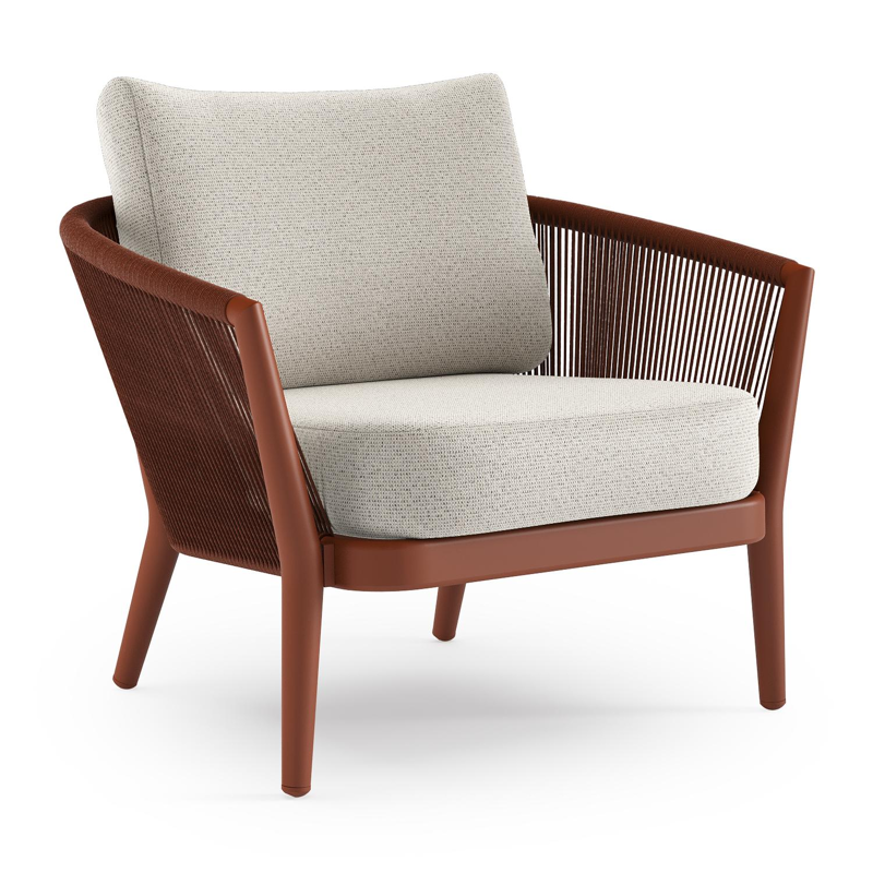 Fauteuil de jardin Orso en aluminium brun rouille en corde ronde tissée verticalement brun rouille et coussins en all weather solica Firenze Natural