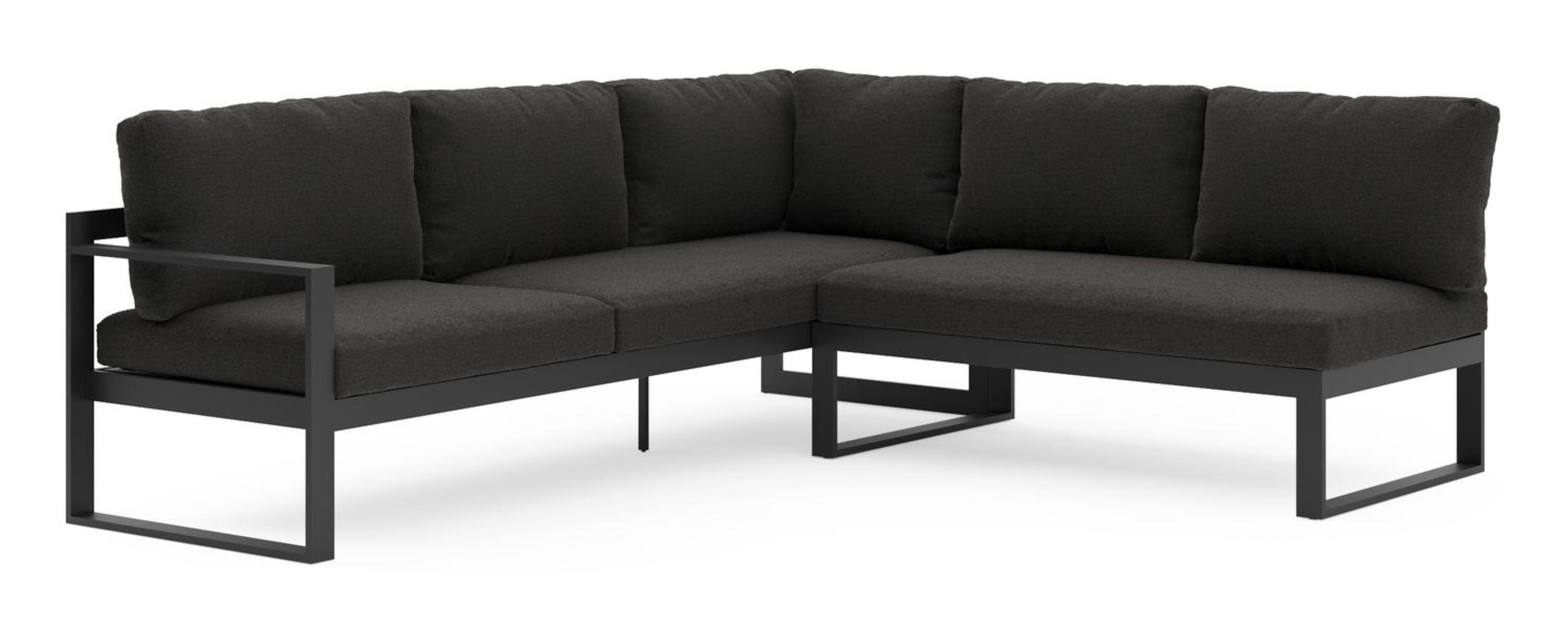 Salon de jardin d'angle Caldela en aluminium noir et coussins en weather+ softtouch noir