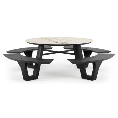 Rondino picknicktafel in zwart aluminium en volkeramiek colorado dunes tafelblad - Dia. 148 x H 71.5 cm