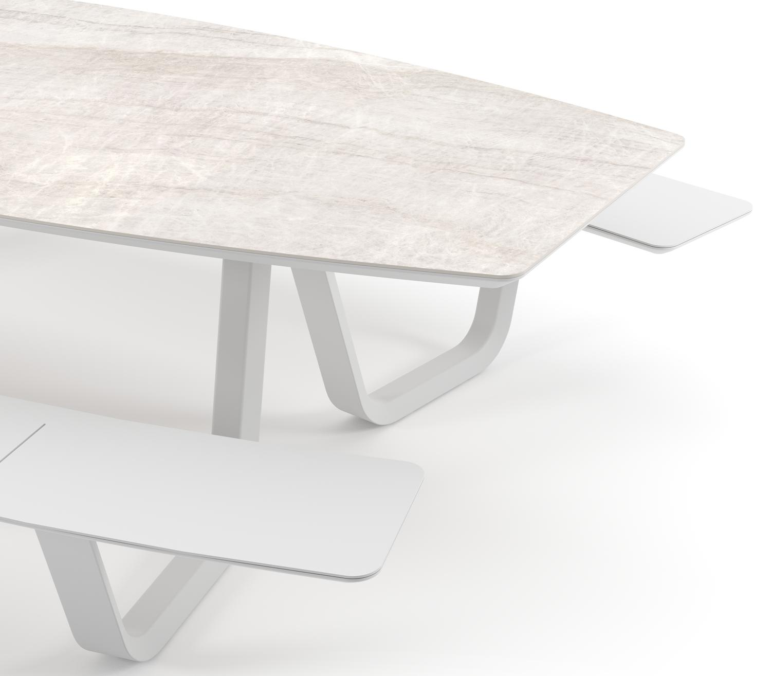 Table de pique-nique Forno forme de bateau en aluminium blanc et céramique pleine Taj Mahal - Lg. 280 x Lrg. 192 x Haut. 72 cm