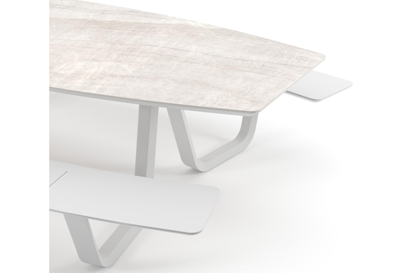 Table de pique-nique Forno forme de bateau en aluminium blanc et céramique pleine Taj Mahal - Lg. 280 x Lrg. 192 x Haut. 72 cm