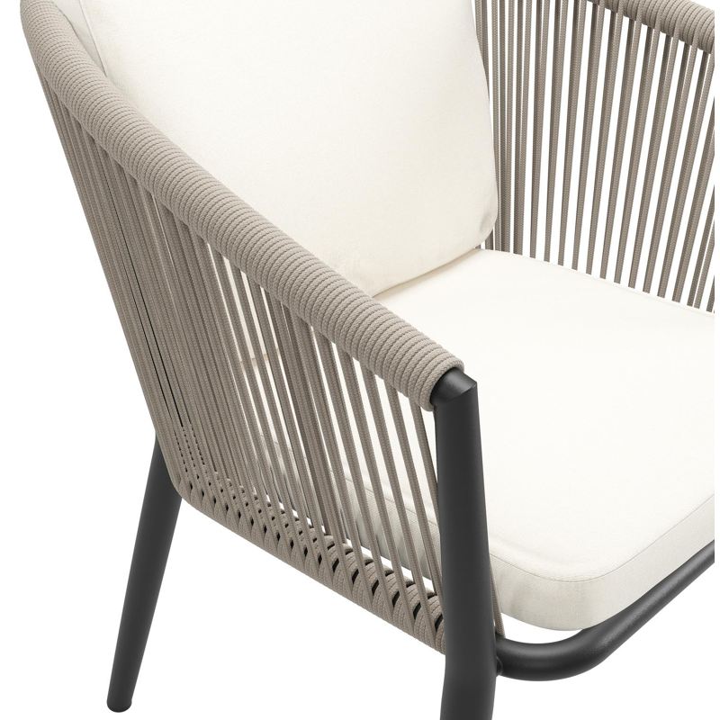 Orso tuinstoel in zwart aluminium en beige verticaal geweven ronde rope met luxe zitkussen in All Weather Sunbrella® Luxe Natte White