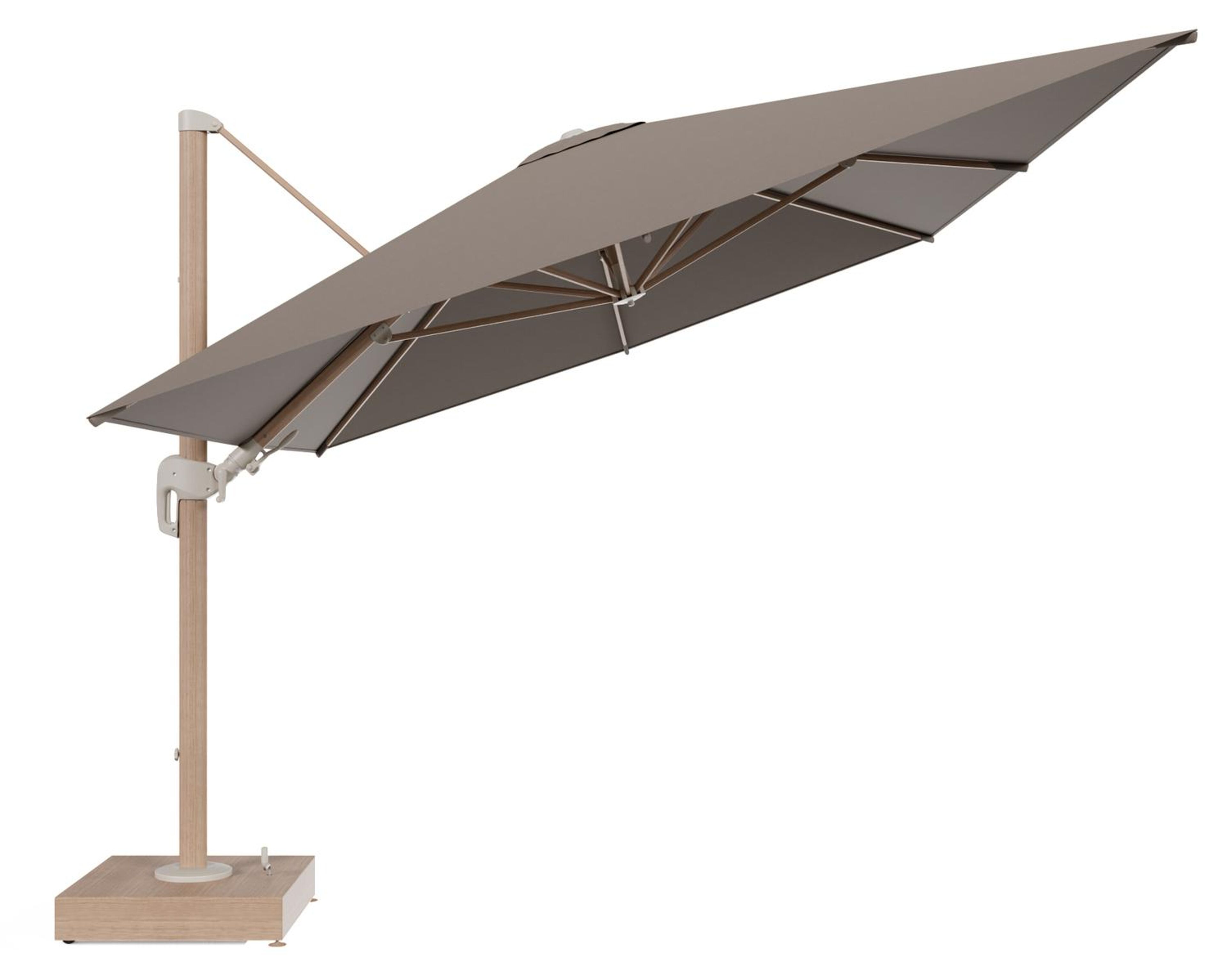 Rufina zweefparasol met tiltfunctie in houtlook aluminium en Natte Heather Grey All Weather Sunbrella® Luxe parasoldoek - L1 400 x L2 300 cm met parasolvoet Minore 150 kg met wielen