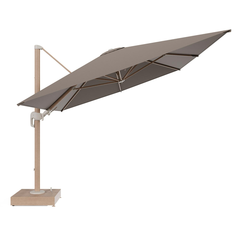 Rufina zweefparasol met tiltfunctie in houtlook aluminium en Natte Heather Grey All Weather Sunbrella® Luxe parasoldoek - L1 400 x L2 300 cm met parasolvoet Minore 150 kg met wielen