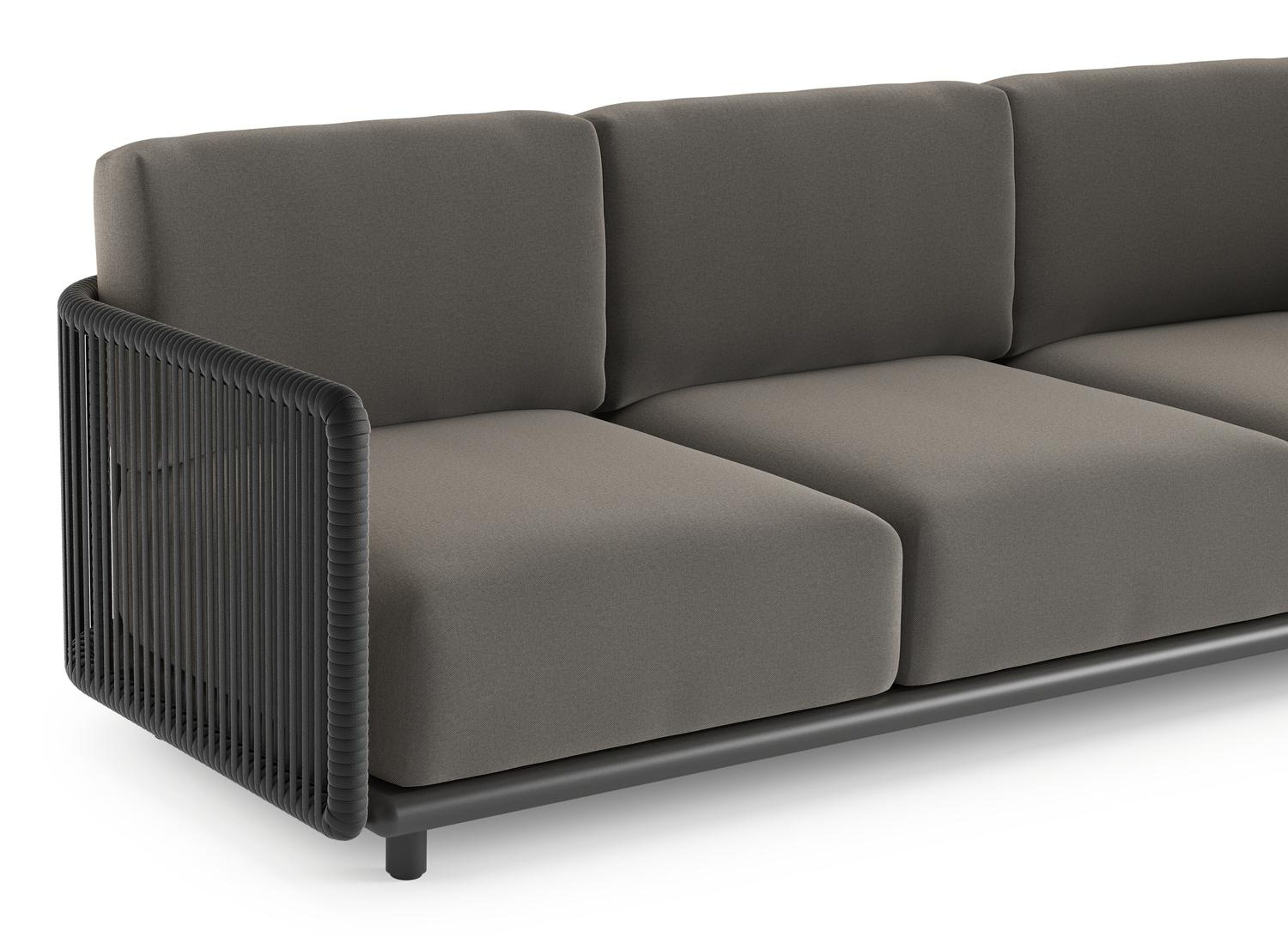 Canapé de jardin Organo en aluminium noir et corde luxe plate tissée verticalement noir et coussin en all weather Sunbrella® luxe natte dark taupe