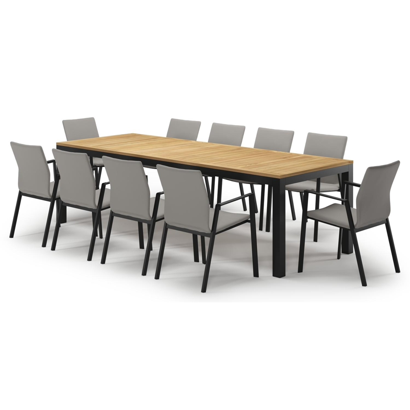 Varese tuinset in zwart aluminium en naturel teak tafelblad met 10 stapelbare Madura tuinstoelen