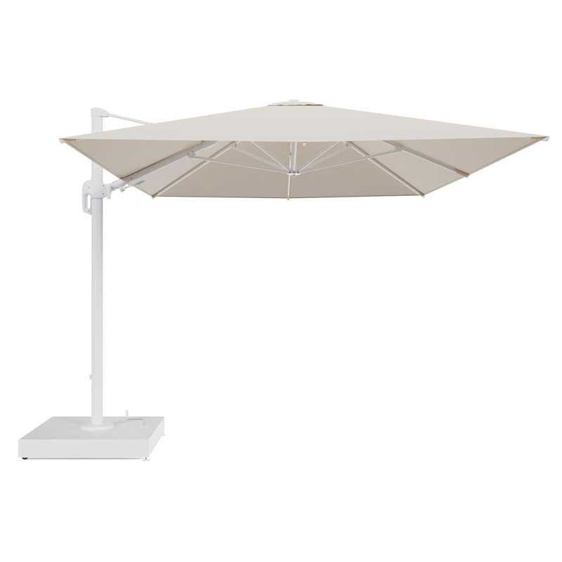 Rufina zweefparasol met tiltfunctie in wit aluminium en Heritage Papyrus All Weather Sunbrella® Luxe parasoldoek - L1 400 x L2 300 cm met parasolvoet Minore 260 kg met wielen