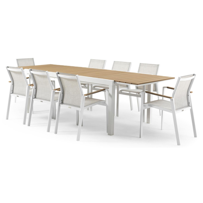 Ensemble de jardin Oviedo avec table extensible en aluminium blanc avec plateau de table en polywood naturel et 8 chaises de jardin empilables Bahia