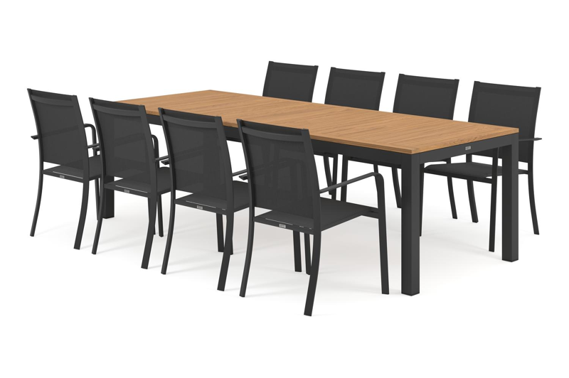 Ensemble de jardin Varese en aluminium noir avec plateau de table en teck naturel et 8 chaises de jardin empilables Amalfi