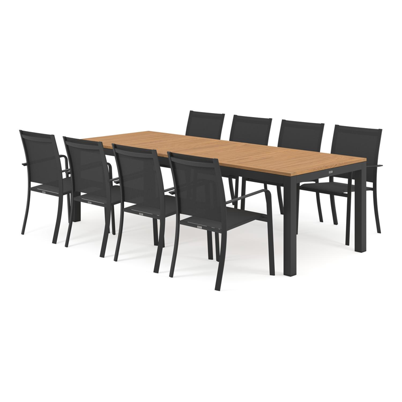 Varese tuinset in zwart aluminium en naturel teak tafelblad met 8 stapelbare Amalfi tuinstoelen