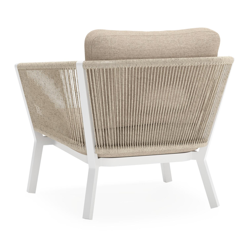 Cordoba loungestoel in wit aluminium en beige verticaal geweven ronde rope met rustic weather+ softtouch kussen
