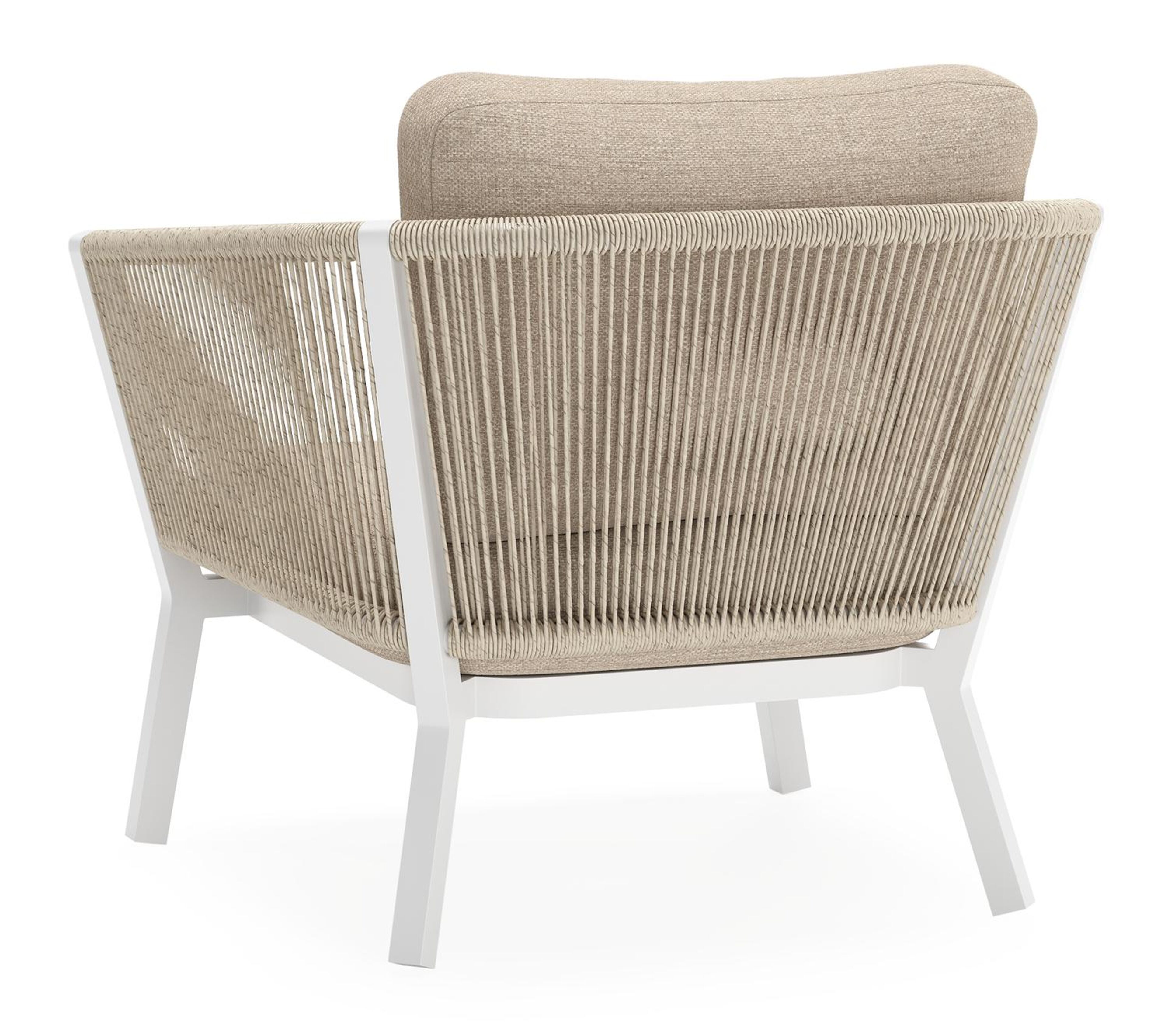 Cordoba loungestoel in wit aluminium en beige verticaal geweven ronde rope met rustic weather+ softtouch kussen