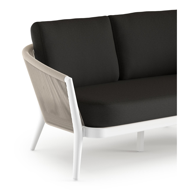 Orso loungebank in wit aluminium en beige verticaal geweven ronde rope met Heritage Char all weather sunbrella® luxe kussen