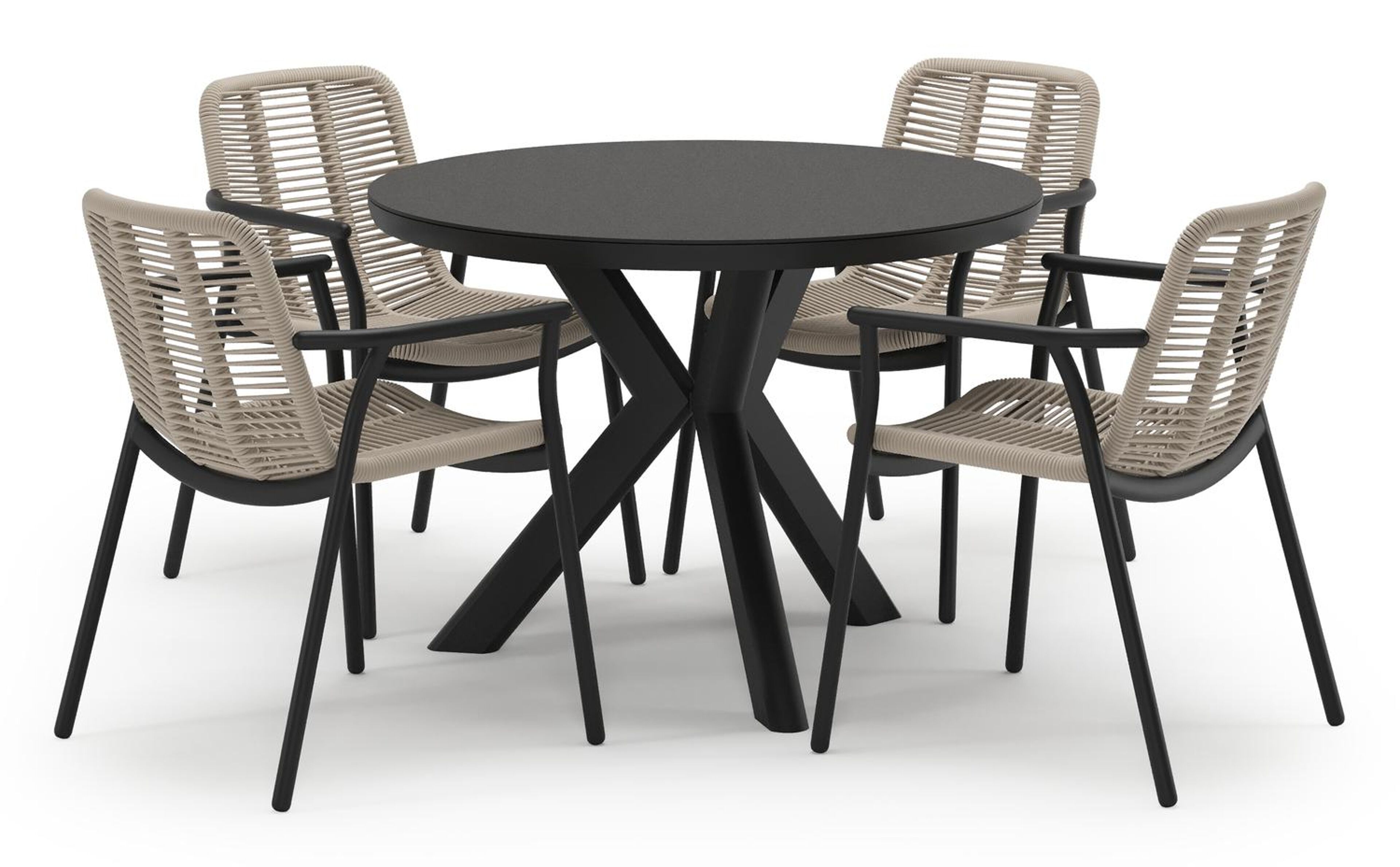 Pamplona tuinset in zwart aluminium en notte minerale sintered stone met 4 stapelbare Berga tuinstoelen